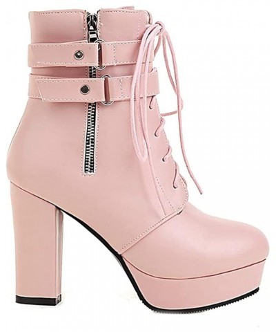 Women's Combat Fashion Round Toe Side Zipper Ankle Boots Platform Lace-Up Chunky Block Mid Heel Dress Short Bootie Pink-velve...