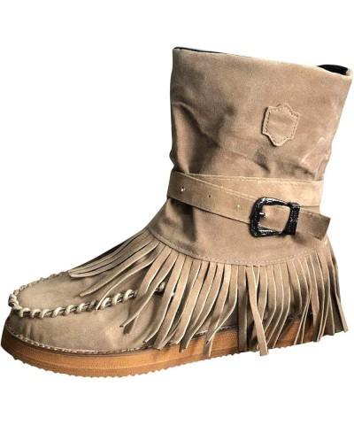 Boots Leather for Women Casual Fashion Toe Round Retro Boots Short Women's Shoes Fringe Flat Women's Boots Comfortable Wide B...