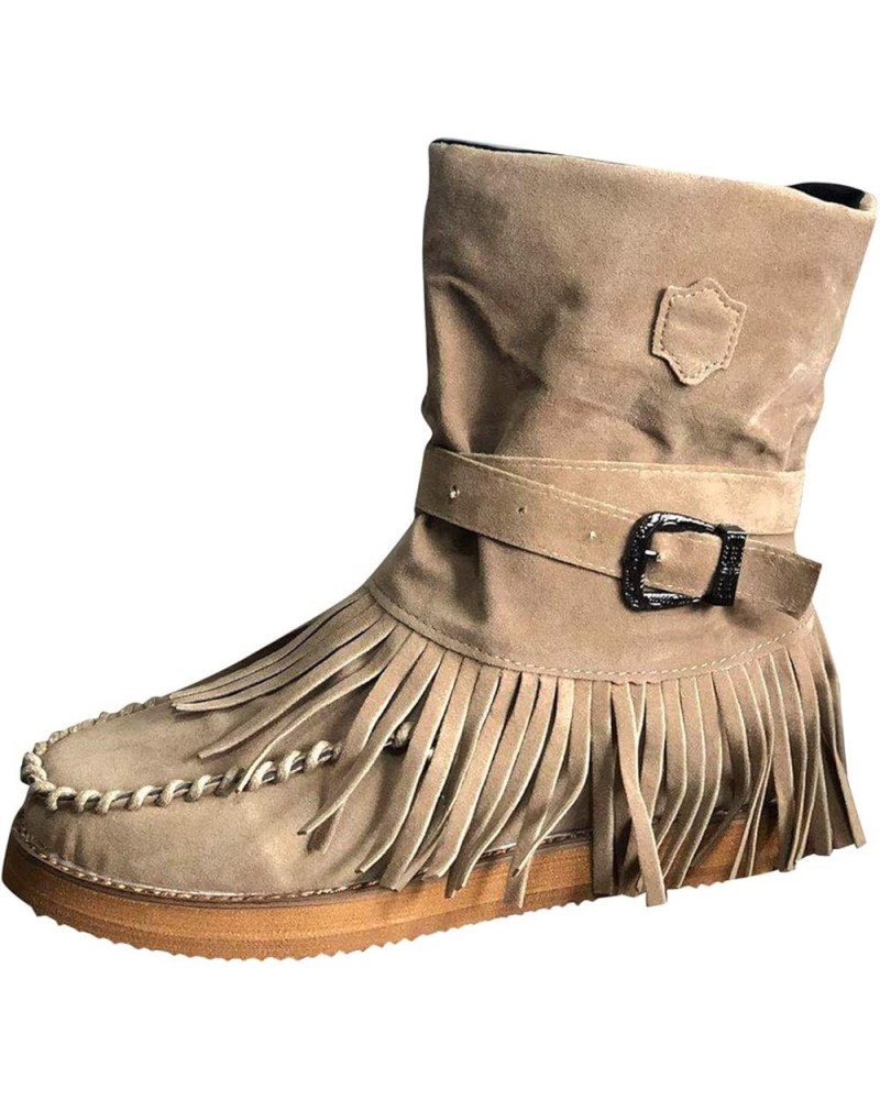 Boots Leather for Women Casual Fashion Toe Round Retro Boots Short Women's Shoes Fringe Flat Women's Boots Comfortable Wide B...