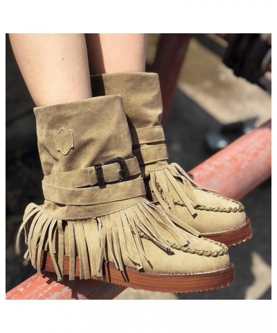 Boots Leather for Women Casual Fashion Toe Round Retro Boots Short Women's Shoes Fringe Flat Women's Boots Comfortable Wide B...