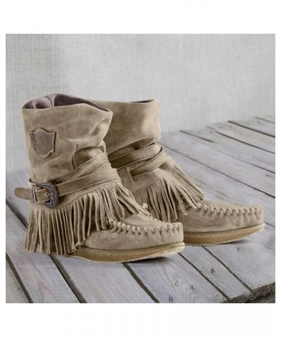 Boots Leather for Women Casual Fashion Toe Round Retro Boots Short Women's Shoes Fringe Flat Women's Boots Comfortable Wide B...