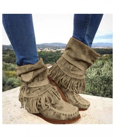 Boots Leather for Women Casual Fashion Toe Round Retro Boots Short Women's Shoes Fringe Flat Women's Boots Comfortable Wide B...