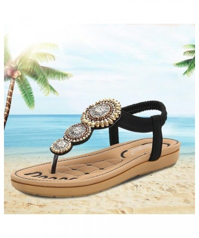 Women Flip Flops Sandals Summer Boho Casual Flat Ankle T-Strap Thong Elastic Comfortable Flip Flops Beach Shoes Sandal Black ...