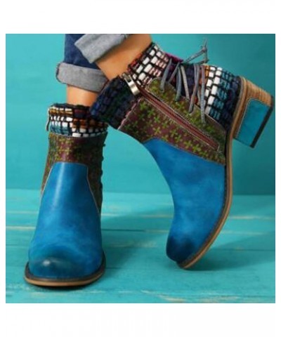 Boots for Women Fashion Leather Round Toe Ankle Boots Trendy Chunky High Heels Dress Boots Ethnic Style Short Boots Blue $22....