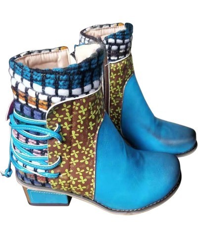 Boots for Women Fashion Leather Round Toe Ankle Boots Trendy Chunky High Heels Dress Boots Ethnic Style Short Boots Blue $22....