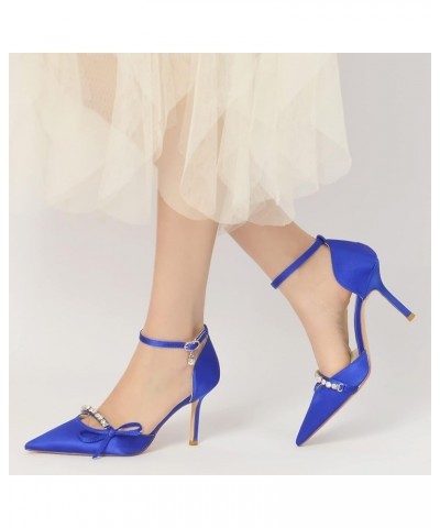 Pointed Toe Bow High Heels for Women Adjustable Ankle Strap Wedding Bridal Shoes Satin Crystal Evening Party Dress Shoes Blue...