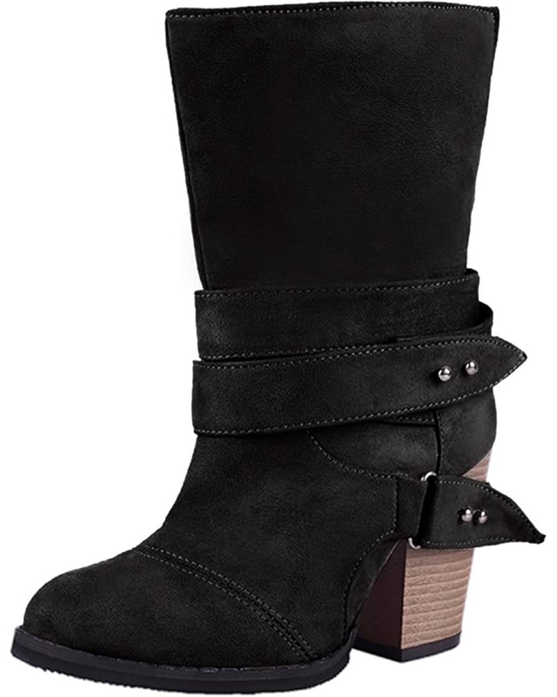 Womens Mid Knee High Boots Chunky Heel Slouchy Winter Shoes Booties Western Shoes Snow Boots Lh3-black $29.78 Boots