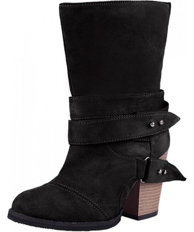 Womens Mid Knee High Boots Chunky Heel Slouchy Winter Shoes Booties Western Shoes Snow Boots Lh3-black $29.78 Boots