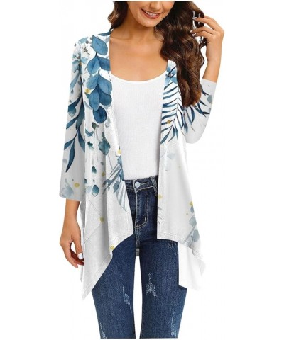 3/4 Sleeve Tops for Women Summer Open Front Tunics Vintage Floral Prints Casual Cardigan Draped Ruffles Tees 2-white $11.74 A...