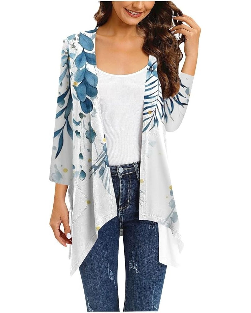 3/4 Sleeve Tops for Women Summer Open Front Tunics Vintage Floral Prints Casual Cardigan Draped Ruffles Tees 2-white $11.74 A...