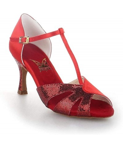 Heeled Sandals for Women Latin Women's Sandals 2.7'' Flared Heel Super Satin with Sparkling Glitter Dance Shoes (Color : Red,...