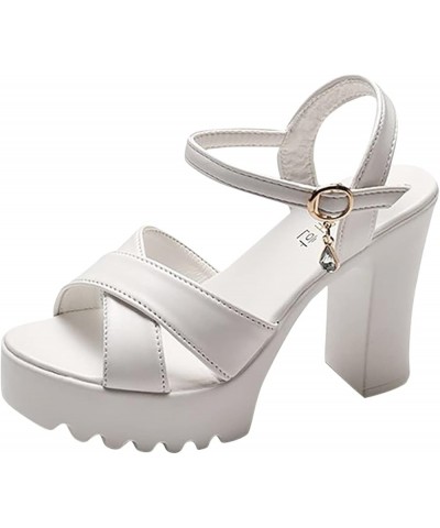 Heeled Sandals For Women High Sole Sandals Fashion Fish Leather Ladies Strap Buckle Thick Heel Mouth Women's sandals White $1...