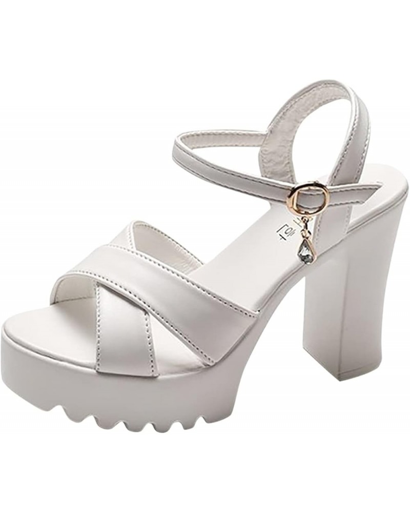 Heeled Sandals For Women High Sole Sandals Fashion Fish Leather Ladies Strap Buckle Thick Heel Mouth Women's sandals White $1...