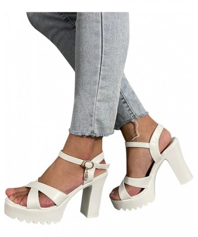 Heeled Sandals For Women High Sole Sandals Fashion Fish Leather Ladies Strap Buckle Thick Heel Mouth Women's sandals White $1...