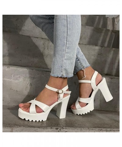 Heeled Sandals For Women High Sole Sandals Fashion Fish Leather Ladies Strap Buckle Thick Heel Mouth Women's sandals White $1...