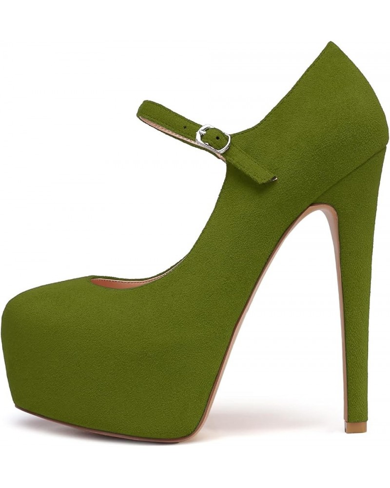 Women's Round Toe Platform Pumps 6" Stiletto High Heel Pumps Mary Jane Closed Toe Sexy Party Dress Shoes Suede Oliver Green $...