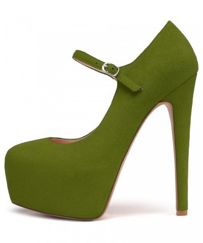 Women's Round Toe Platform Pumps 6" Stiletto High Heel Pumps Mary Jane Closed Toe Sexy Party Dress Shoes Suede Oliver Green $...