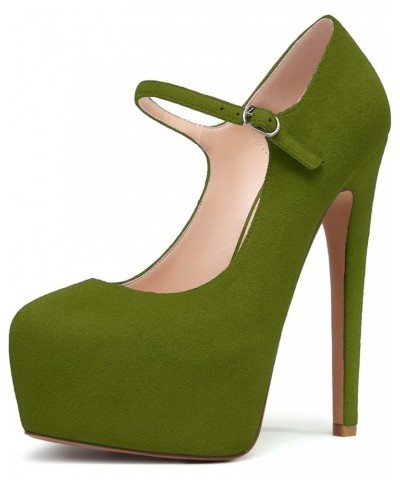 Women's Round Toe Platform Pumps 6" Stiletto High Heel Pumps Mary Jane Closed Toe Sexy Party Dress Shoes Suede Oliver Green $...