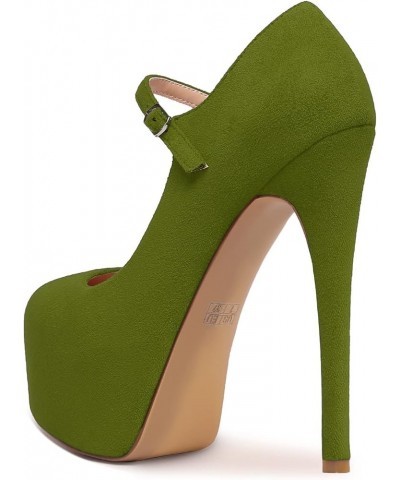 Women's Round Toe Platform Pumps 6" Stiletto High Heel Pumps Mary Jane Closed Toe Sexy Party Dress Shoes Suede Oliver Green $...