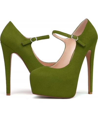 Women's Round Toe Platform Pumps 6" Stiletto High Heel Pumps Mary Jane Closed Toe Sexy Party Dress Shoes Suede Oliver Green $...