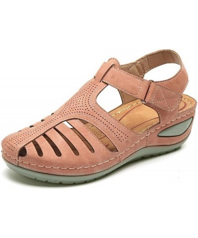 Sandals for Women Low Wedge Soft Leather Closed Toe Vintage Anti Slip Sandals Thick Sole Premium Womens Sandals And Pink $13....