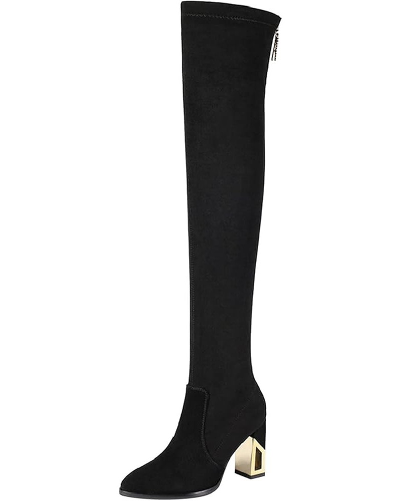 Women Boots Winter Over Knee Long Boots Ladies Fashion Solid Color Chunky High Heel Stretch Over Knee Boots Black $25.66 Boots