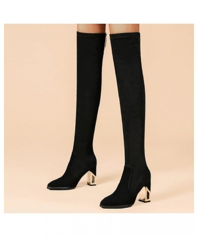 Women Boots Winter Over Knee Long Boots Ladies Fashion Solid Color Chunky High Heel Stretch Over Knee Boots Black $25.66 Boots