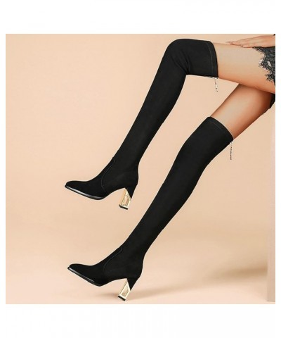 Women Boots Winter Over Knee Long Boots Ladies Fashion Solid Color Chunky High Heel Stretch Over Knee Boots Black $25.66 Boots