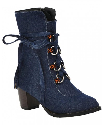 Women's Retro Denim Ankle Boots Chunky Heel Lace Up Platform Boots Mid Heel Motorcycle Bootie Winter Dress Short Boots Dark B...