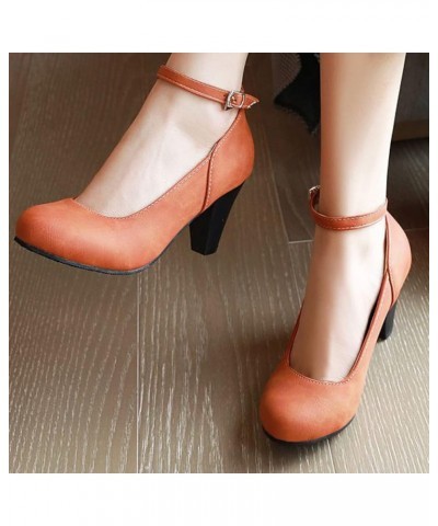 Women's Ankle Strap Buckle Pumps Vintage Round Toe Chunky High Heels Dress Shoes Ladies Outdoor Mary Janes Beige $31.31 Pumps