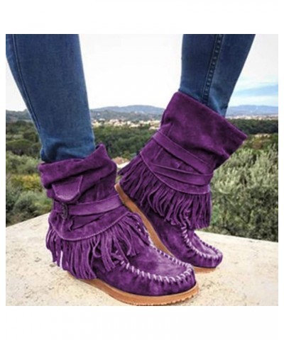 Women's Snow Boots Classic Tassel Mid-calf Boots Chunky Block Heel Non-slip Shoes with Belt Buckle Vintage Boots for Cowboy P...