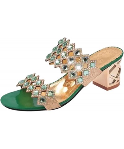 Women's Bohemian Rhinestone Heels Sandals Ladies Breathable Open Toe Chunky Heel Slippers Casual Dressy Shoes Green 7 $19.07 ...