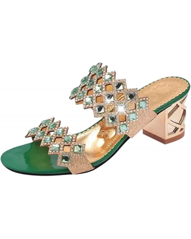 Women's Bohemian Rhinestone Heels Sandals Ladies Breathable Open Toe Chunky Heel Slippers Casual Dressy Shoes Green 7 $19.07 ...