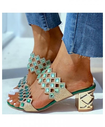 Women's Bohemian Rhinestone Heels Sandals Ladies Breathable Open Toe Chunky Heel Slippers Casual Dressy Shoes Green 7 $19.07 ...