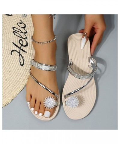 Wedge Shoes for Ladies Women Sandals Girls Pearl Set Elastic Sandals Flat Strap Casual Home Sandals Beach Silver $12.65 Sandals