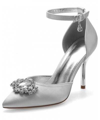 Women Satin Rhinestones Stiletto Heels Court Shoes Pointed Toe Ankle Strap Wedding Dress Shoes Silver $44.27 Pumps