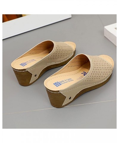 Women's Summer New Thick Bottom Slope Heel Comfortable Hollow Sandals Womens Designer Sandals N Shoes Beige $16.74 Slippers