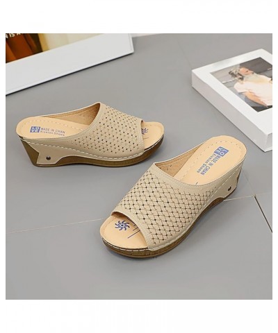 Women's Summer New Thick Bottom Slope Heel Comfortable Hollow Sandals Womens Designer Sandals N Shoes Beige $16.74 Slippers