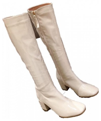 Womens Knee High Side Zipper Biker Ladies Fashion Patent Leather Riding Boots Block Heel Square Toe Boot Beige $35.09 Boots