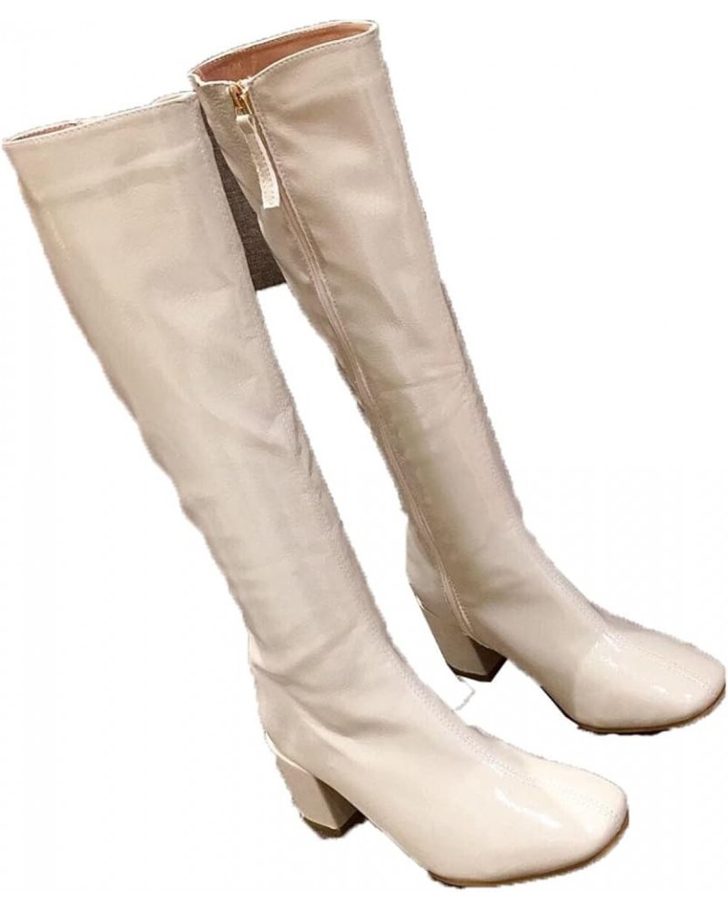 Womens Knee High Side Zipper Biker Ladies Fashion Patent Leather Riding Boots Block Heel Square Toe Boot Beige $35.09 Boots