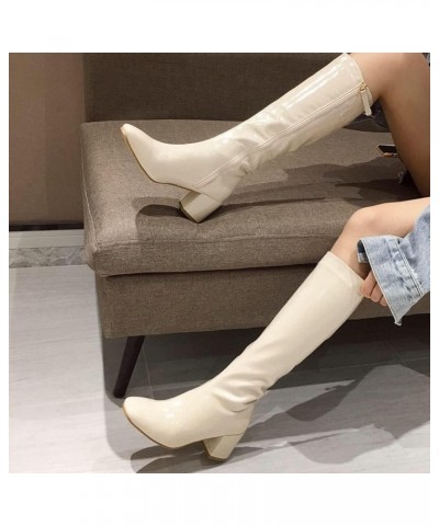 Womens Knee High Side Zipper Biker Ladies Fashion Patent Leather Riding Boots Block Heel Square Toe Boot Beige $35.09 Boots