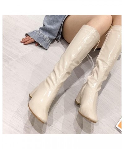 Womens Knee High Side Zipper Biker Ladies Fashion Patent Leather Riding Boots Block Heel Square Toe Boot Beige $35.09 Boots