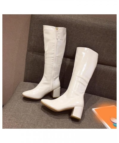 Womens Knee High Side Zipper Biker Ladies Fashion Patent Leather Riding Boots Block Heel Square Toe Boot Beige $35.09 Boots