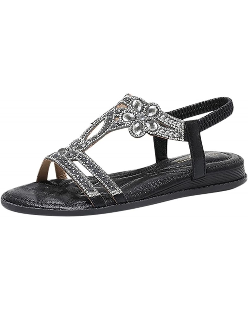 Sandals Flip Flops for Women Open Crystal Low Shoes Ladies Rhinestone Casual Heel Sandals Toe Fashion Corks Black-2 $17.05 Sa...