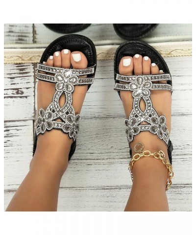 Sandals Flip Flops for Women Open Crystal Low Shoes Ladies Rhinestone Casual Heel Sandals Toe Fashion Corks Black-2 $17.05 Sa...