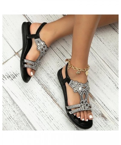 Sandals Flip Flops for Women Open Crystal Low Shoes Ladies Rhinestone Casual Heel Sandals Toe Fashion Corks Black-2 $17.05 Sa...