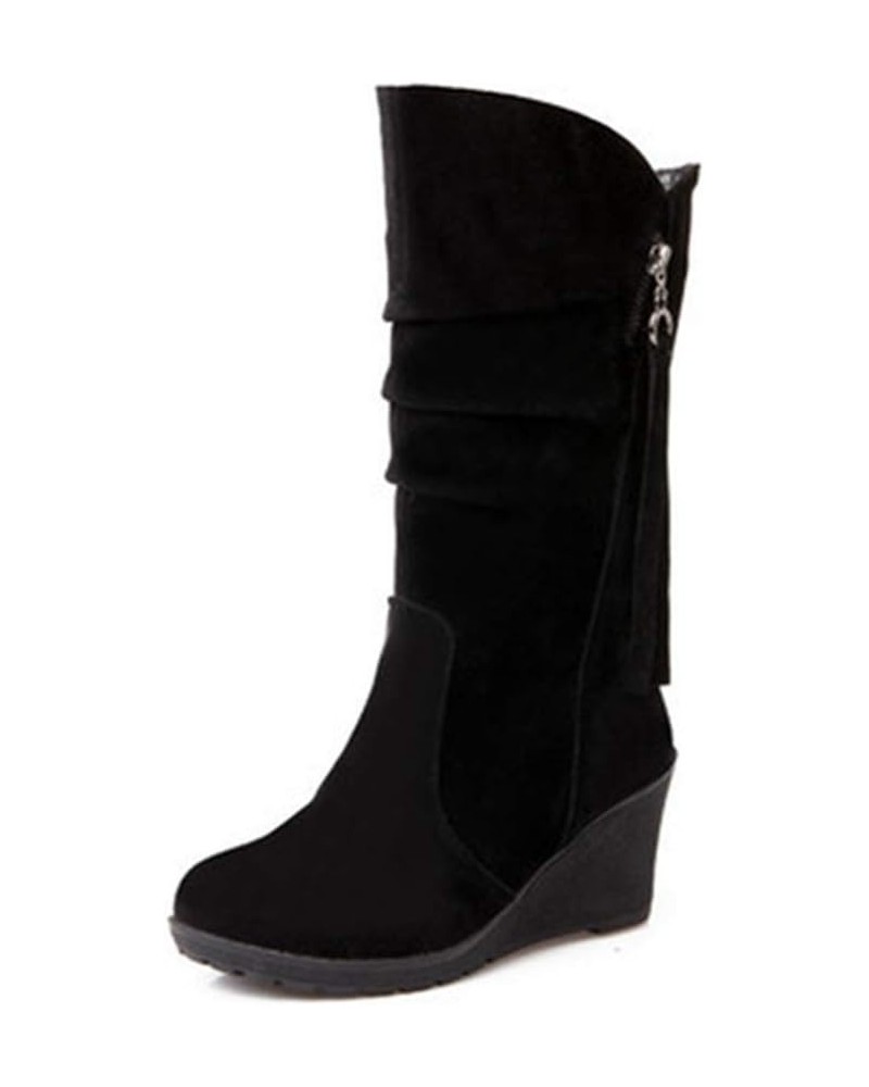 Women's Wedge Platform Slouch Boots Mid Calf Suede Round Toe Wide Width High Heel Tassel Dress Boots Black-velvet Lined $33.0...