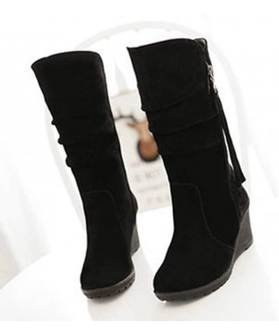 Women's Wedge Platform Slouch Boots Mid Calf Suede Round Toe Wide Width High Heel Tassel Dress Boots Black-velvet Lined $33.0...