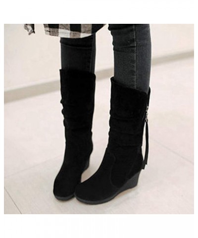 Women's Wedge Platform Slouch Boots Mid Calf Suede Round Toe Wide Width High Heel Tassel Dress Boots Black-velvet Lined $33.0...