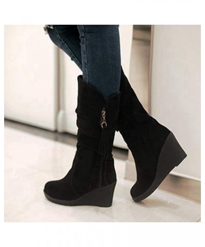 Women's Wedge Platform Slouch Boots Mid Calf Suede Round Toe Wide Width High Heel Tassel Dress Boots Black-velvet Lined $33.0...